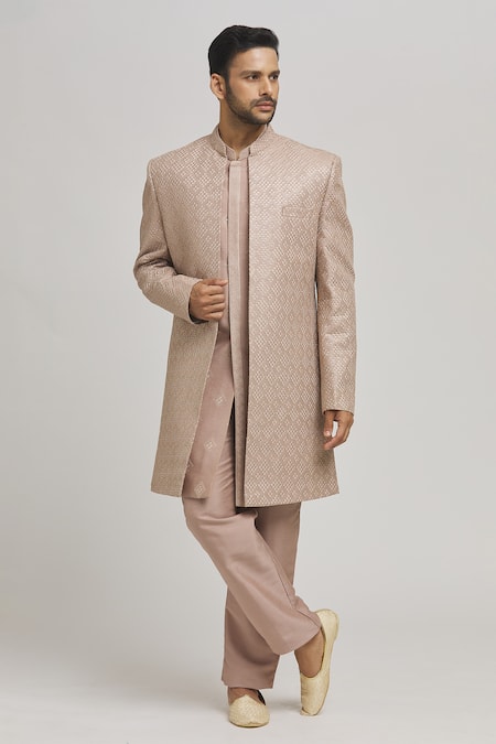 Aham-Vayam Beige Cotton Embroidered Thread Shubh Geometric Jacket Kurta Set 