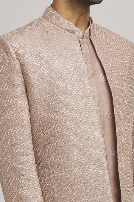Aham-Vayam_Beige Cotton Embroidery Shubh Geometric Thread Jacket Kurta Set _Online_at_Aza_Fashions