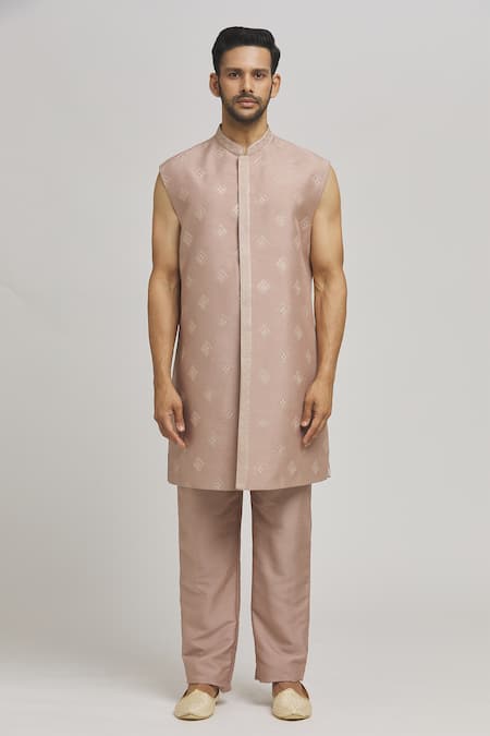 Buy_Aham-Vayam_Beige Cotton Embroidery Shubh Geometric Thread Jacket Kurta Set _Online_at_Aza_Fashions