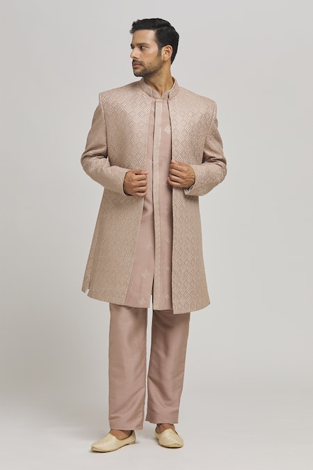 Shop_Aham-Vayam_Beige Cotton Embroidery Shubh Geometric Thread Jacket Kurta Set _Online_at_Aza_Fashions