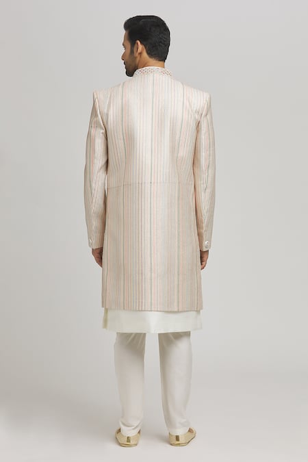 Shop Aham-Vayam Multi Color Cotton Brooches, Embroidery Milaap Stripe Jacket Pant Set at Aza Fashions Shop_Aham-Vayam_Multi Color Cotton Brooches, Embroidery Milaap Stripe Jacket Pant Set _at_Aza_Fashions