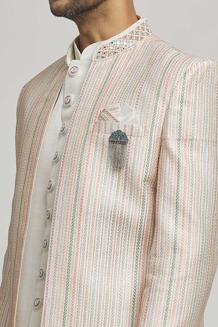 Buy Aham-Vayam Multi Color Cotton Brooches, Embroidery Milaap Stripe Jacket Pant Set Online at Aza Fashions Buy_Aham-Vayam_Multi Color Cotton Brooches, Embroidery Milaap Stripe Jacket Pant Set _Online_at_Aza_Fashions