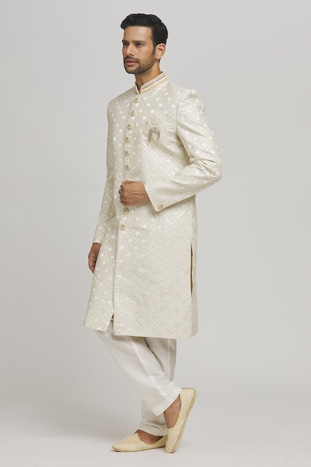 Aham-Vayam_White Cotton Sequins Embellished Sherwani Set _Online_at_Aza_Fashions