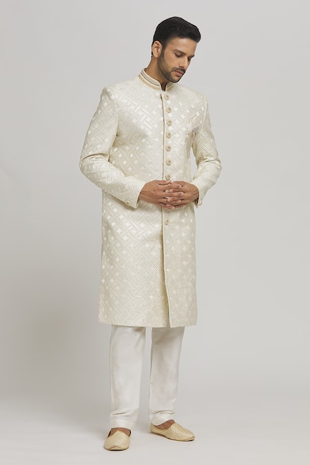Buy_Aham-Vayam_White Cotton Sequins Embellished Sherwani Set _Online_at_Aza_Fashions