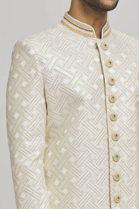Shop_Aham-Vayam_White Cotton Sequins Embellished Sherwani Set _Online_at_Aza_Fashions