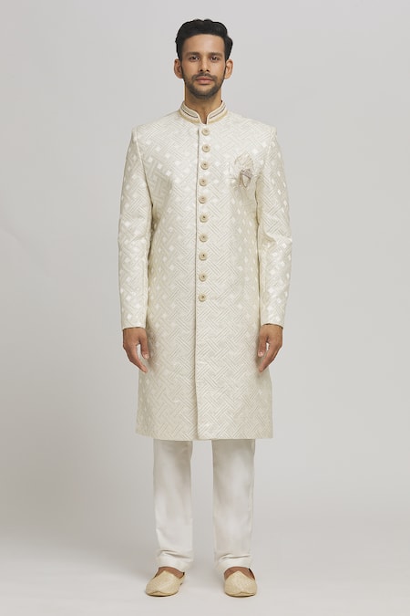Aham-Vayam_White Cotton Sequins Embellished Sherwani Set _at_Aza_Fashions