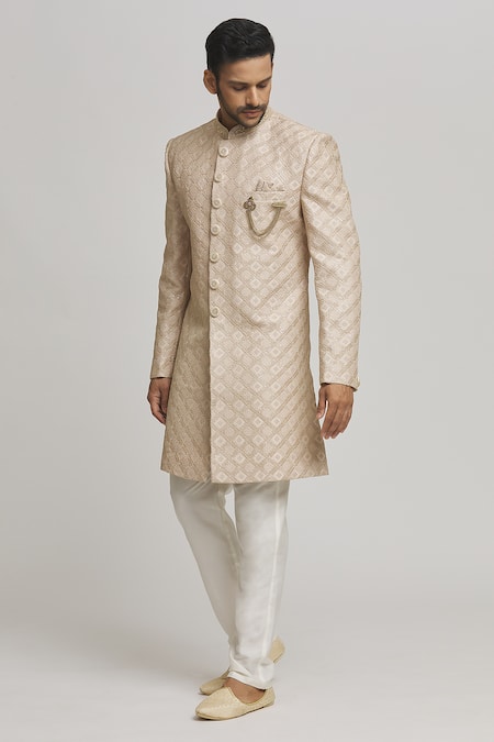 Aham-Vayam Beige Cotton Embroidered Sequin Dhoom Geometric Sherwani Set 