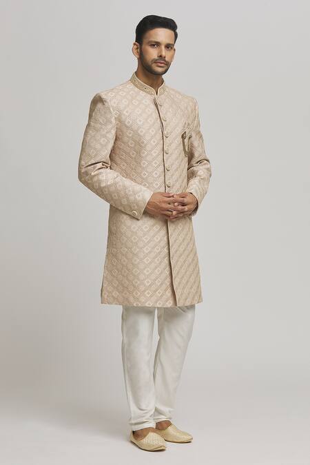 Buy_Aham-Vayam_Beige Cotton Sequins Geometric Embroidered Sherwani Set For Kids_Online_at_Aza_Fashions