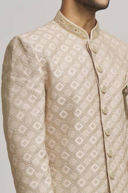Shop_Aham-Vayam_Beige Cotton Sequins Geometric Embroidered Sherwani Set For Kids_Online_at_Aza_Fashions