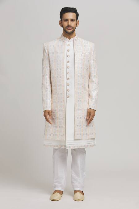 Buy_Aham-Vayam_Multi Color Cotton Embroidery Humsa Square Jacket Kurta Set _Online_at_Aza_Fashions