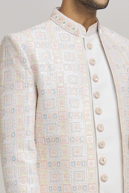 Shop_Aham-Vayam_Multi Color Cotton Embroidery Humsa Square Jacket Kurta Set _Online_at_Aza_Fashions