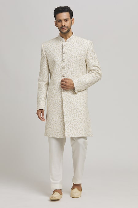 Aham-Vayam Off White Cotton Embroidery Floral Misho Sherwani And Pyjama Set 