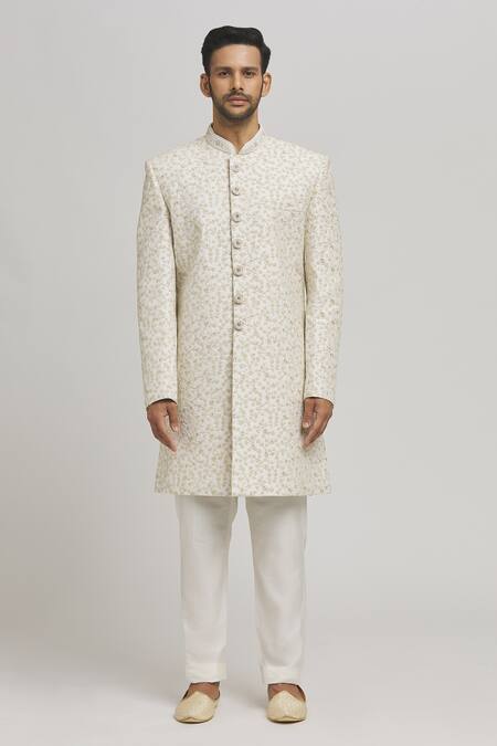 Aham-Vayam_Off White Cotton Embroidery Misho Sherwani And Pyjama Set _Online_at_Aza_Fashions