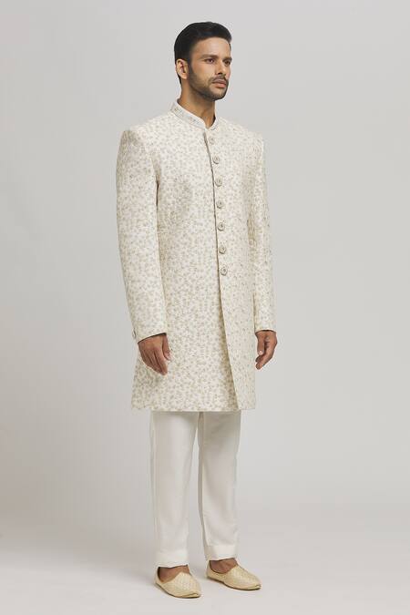 Buy_Aham-Vayam_Off White Cotton Embroidery Misho Sherwani And Pyjama Set _Online_at_Aza_Fashions