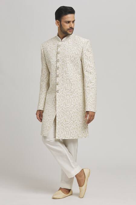 Shop_Aham-Vayam_Off White Cotton Embroidery Misho Sherwani And Pyjama Set _Online_at_Aza_Fashions
