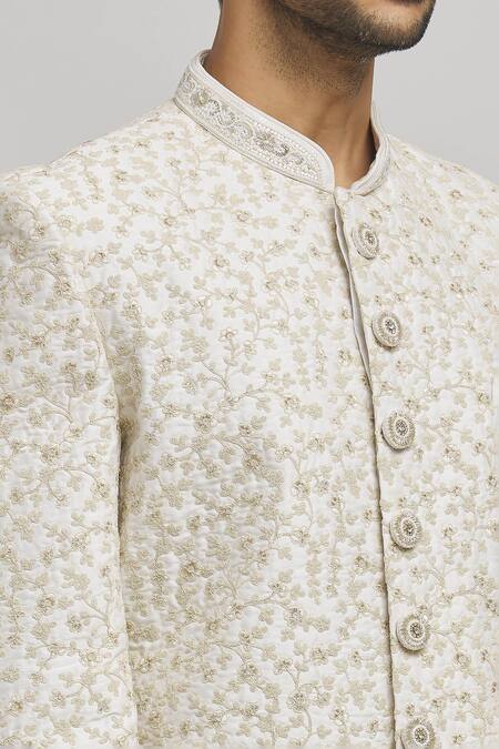 Aham-Vayam_Off White Cotton Embroidery Misho Sherwani And Pyjama Set _at_Aza_Fashions