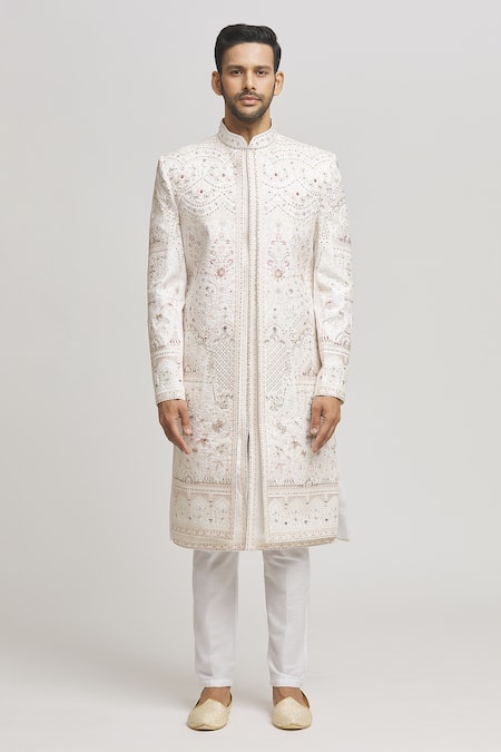 Aham-Vayam_White Cotton Embroidery Mughalzardoz Sherwani With Pant _Online_at_Aza_Fashions