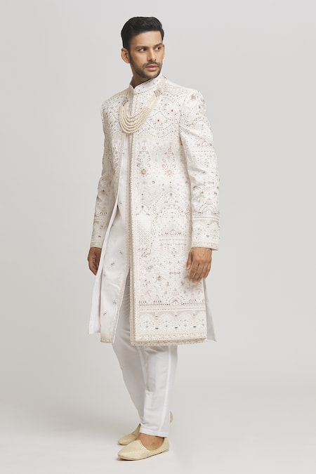 Buy_Aham-Vayam_White Cotton Embroidery Mughalzardoz Sherwani With Pant _Online_at_Aza_Fashions
