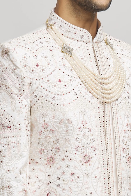 Shop_Aham-Vayam_White Cotton Embroidery Mughalzardoz Sherwani With Pant _Online_at_Aza_Fashions