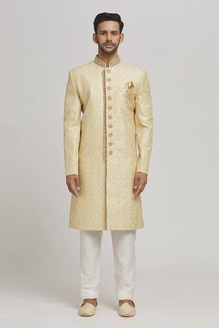 Aham-Vayam_Ivory Cotton Embroidery Divyaswarna Sherwani Pyjama Set _Online_at_Aza_Fashions
