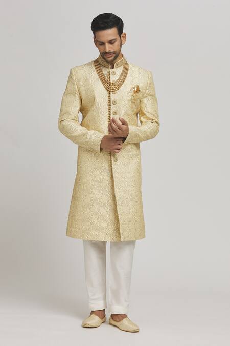Buy_Aham-Vayam_Ivory Cotton Embroidery Divyaswarna Sherwani Pyjama Set _Online_at_Aza_Fashions