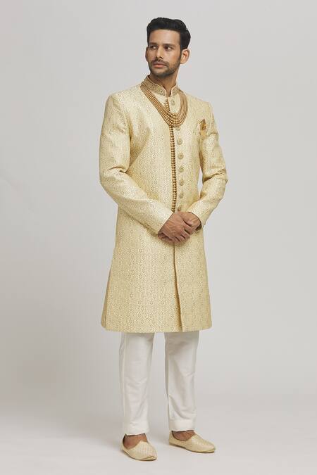 Shop_Aham-Vayam_Ivory Cotton Embroidery Divyaswarna Sherwani Pyjama Set _Online_at_Aza_Fashions