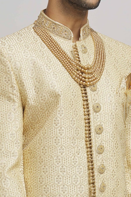 Aham-Vayam_Ivory Cotton Embroidery Divyaswarna Sherwani Pyjama Set _at_Aza_Fashions
