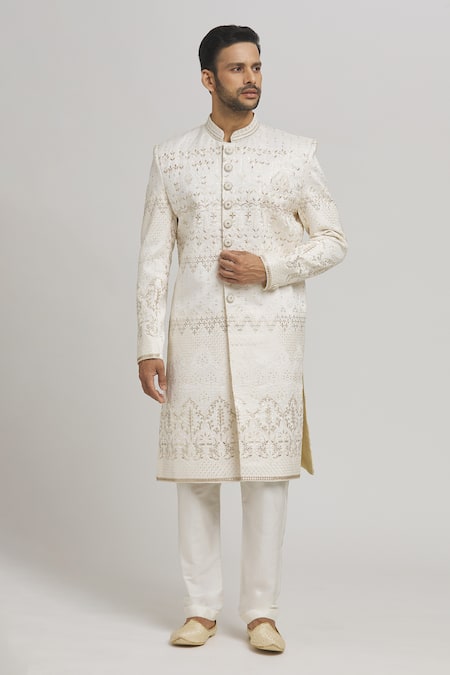 Aham-Vayam Sunehra Buta Patti Embroidered Sherwani Pyjama Set 