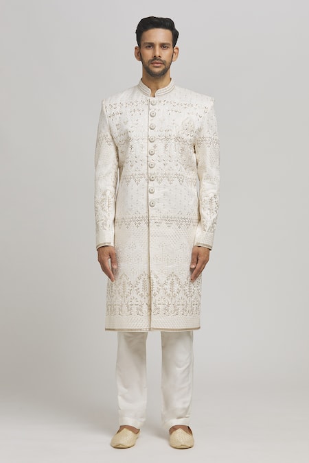 Aham-Vayam_Off White Cotton Embroidery Sunehra Buta Patti Sherwani Pyjama Set _Online_at_Aza_Fashions