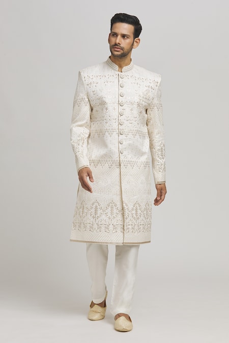 Buy_Aham-Vayam_Off White Cotton Embroidery Sunehra Buta Patti Sherwani Pyjama Set _Online_at_Aza_Fashions