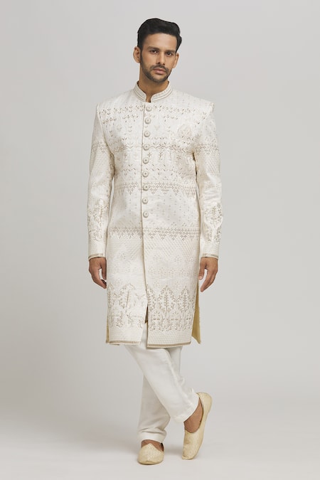 Shop_Aham-Vayam_Off White Cotton Embroidery Sunehra Buta Patti Sherwani Pyjama Set _Online_at_Aza_Fashions