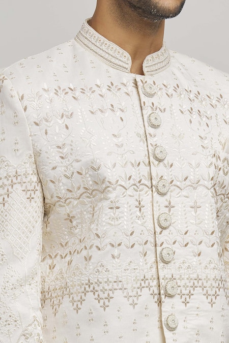 Aham-Vayam_Off White Cotton Embroidery Sunehra Buta Patti Sherwani Pyjama Set _at_Aza_Fashions