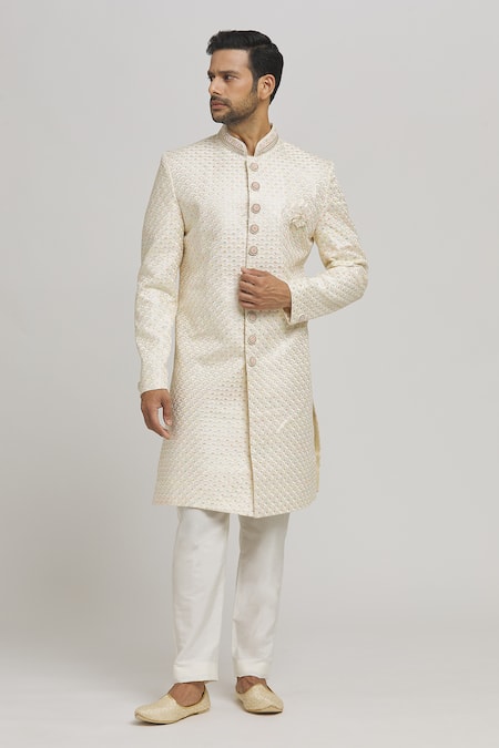 Aham-Vayam Mayurwav Embroidered Sherwani With Pant 