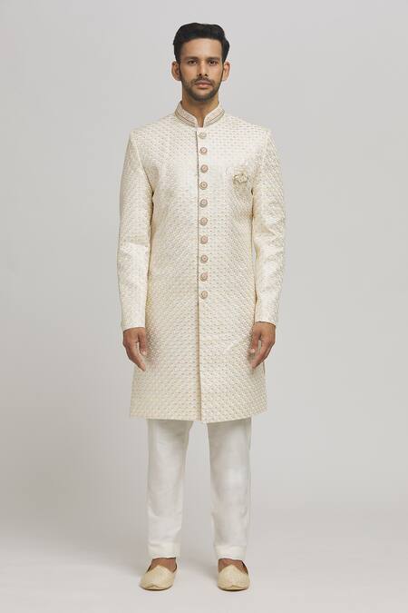 Aham-Vayam_White Cotton Embroidery Mayurwav Sherwani With Pant _Online_at_Aza_Fashions