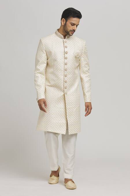 Buy_Aham-Vayam_White Cotton Embroidery Mayurwav Sherwani With Pant _Online_at_Aza_Fashions