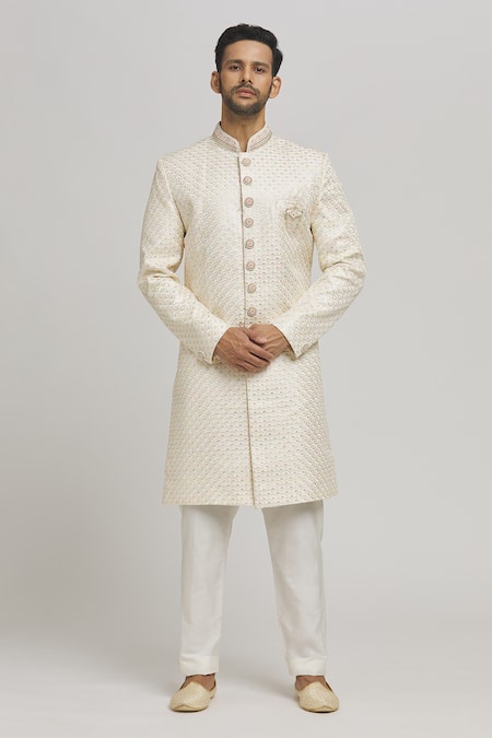 Shop_Aham-Vayam_White Cotton Embroidery Mayurwav Sherwani With Pant _Online_at_Aza_Fashions