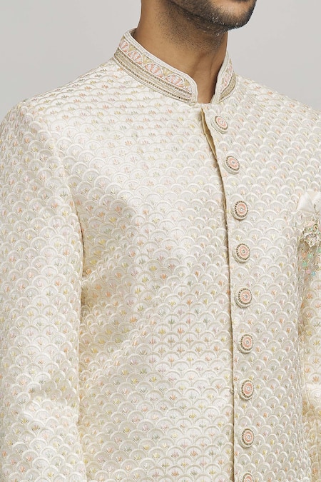 Aham-Vayam_White Cotton Embroidery Mayurwav Sherwani With Pant _at_Aza_Fashions