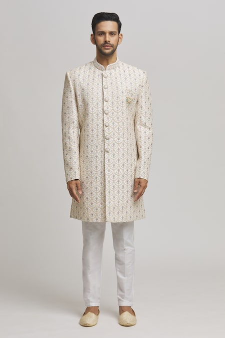 Aham-Vayam_White Cotton Embroidery Kalki Sherwani With Pant _Online_at_Aza_Fashions