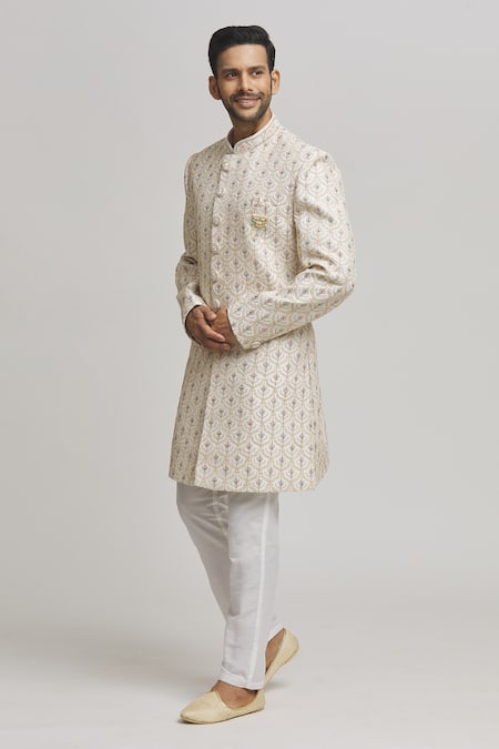 Buy_Aham-Vayam_White Cotton Embroidery Kalki Sherwani With Pant _Online_at_Aza_Fashions