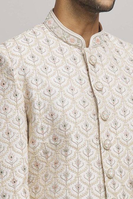 Shop_Aham-Vayam_White Cotton Embroidery Kalki Sherwani With Pant _Online_at_Aza_Fashions