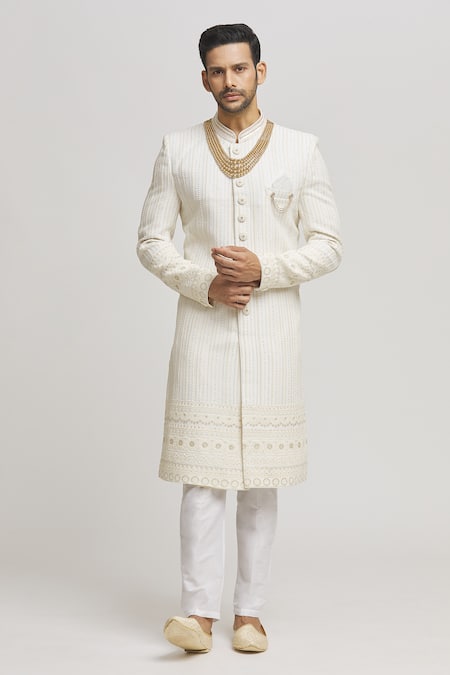 Aham-Vayam Off White Cotton Embroidery Vertical Flower Yash Sherwani With Pant 