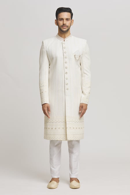 Aham-Vayam_Off White Cotton Embroidery Yash Sherwani With Pant _Online_at_Aza_Fashions
