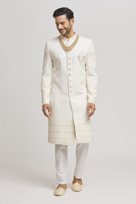 Buy_Aham-Vayam_Off White Cotton Embroidery Yash Sherwani With Pant _Online_at_Aza_Fashions
