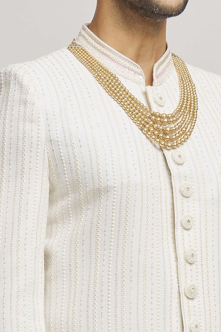 Shop_Aham-Vayam_Off White Cotton Embroidery Yash Sherwani With Pant _Online_at_Aza_Fashions