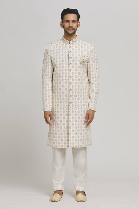 Aham-Vayam Ivory Cotton Embroidery Gulposh Sherwani Set Online at Aza Fashions Aham-Vayam_Ivory Cotton Embroidery Gulposh Sherwani Set _Online_at_Aza_Fashions