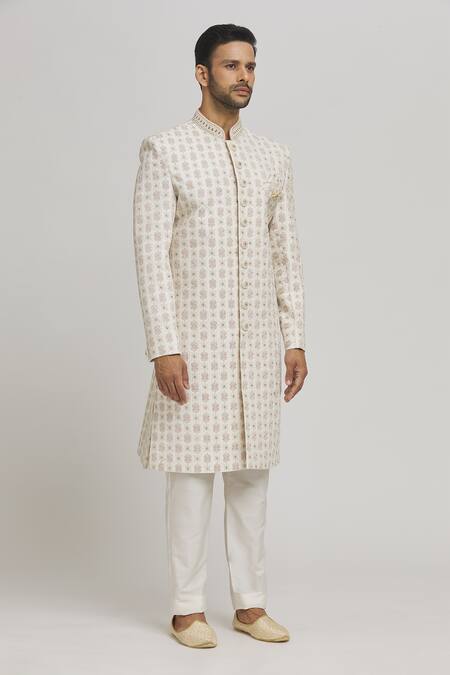 Buy Aham-Vayam Ivory Cotton Embroidery Gulposh Sherwani Set Online at Aza Fashions Buy_Aham-Vayam_Ivory Cotton Embroidery Gulposh Sherwani Set _Online_at_Aza_Fashions