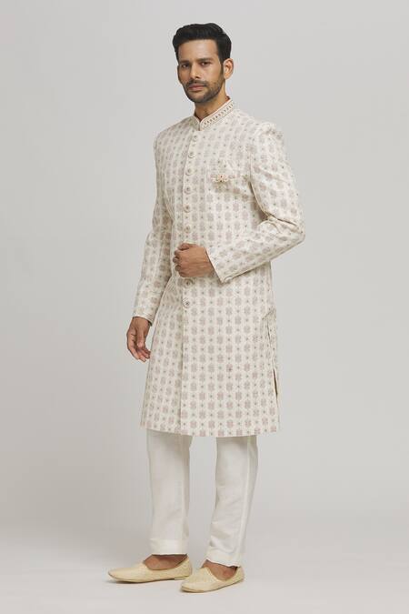 Shop Aham-Vayam Ivory Cotton Embroidery Gulposh Sherwani Set Online at Aza Fashions Shop_Aham-Vayam_Ivory Cotton Embroidery Gulposh Sherwani Set _Online_at_Aza_Fashions