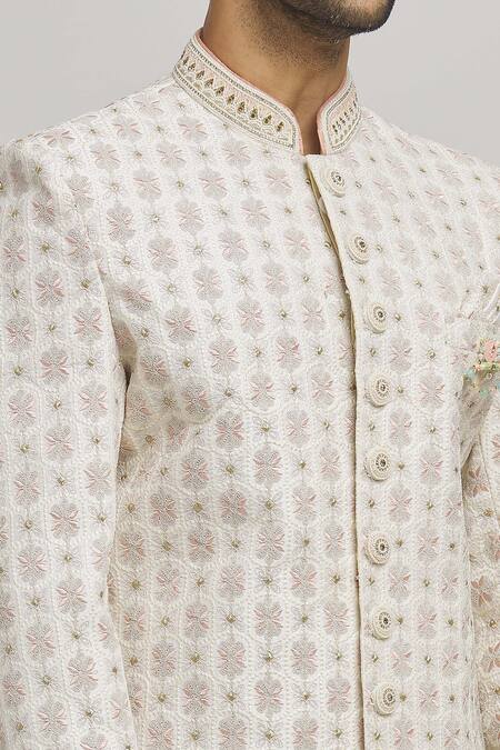 Aham-Vayam Ivory Cotton Embroidery Gulposh Sherwani Set at Aza Fashions Aham-Vayam_Ivory Cotton Embroidery Gulposh Sherwani Set _at_Aza_Fashions