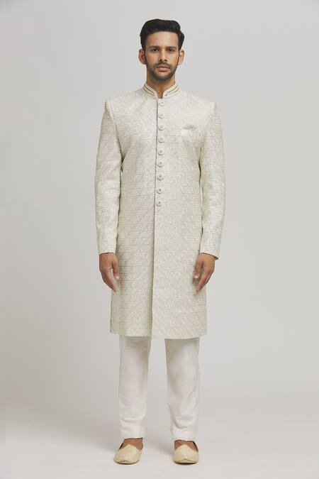Aham-Vayam_White Cotton Embroidery Divyachandra Sherwani Set _Online_at_Aza_Fashions