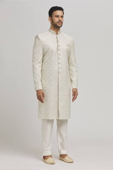 Buy_Aham-Vayam_White Cotton Embroidery Divyachandra Sherwani Set _Online_at_Aza_Fashions